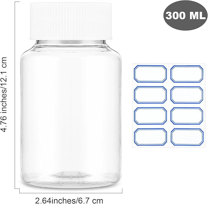 4Pcs Clear Pill Bottle, 300ml Empty Clear Plastic Pill Bottles Medicine Bottle Empty Reagent Bottles Chemical Containers with Caps for Liquid Solid Powder (300ml)