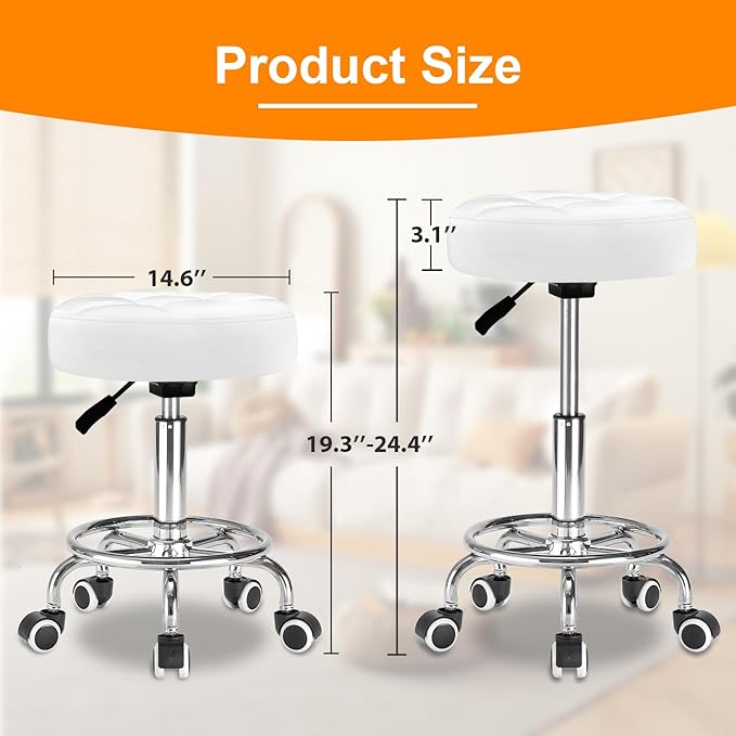 Rolling Stool PU Leather Round - Ultra Soft Padded Seat Cushion Stool with Wheels with Footrest, Weight Capacity 300lb,Adjustable Height Stool for Tattoo Massage Salon Medical Spa Center (White)