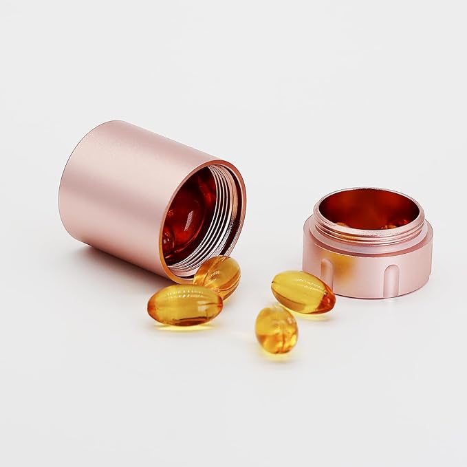Portable Metal Small Pill Case, Aluminium Alloy Round Pill Box for Travel, Waterproof Pill Box Organizer, Pocket Daliy Pill Holder Pill Container for Medicine Vitamin Fish Oils (Rose Gold)