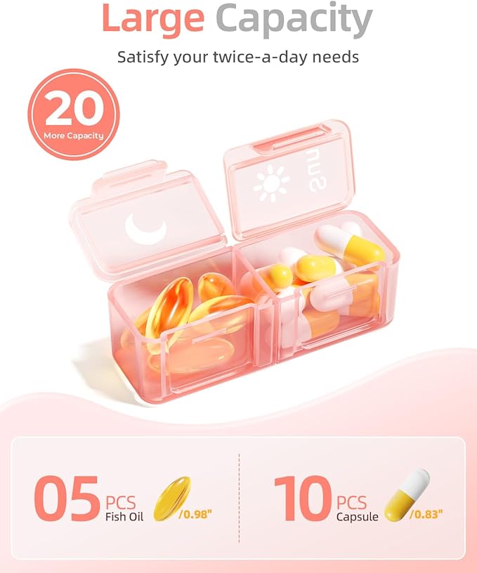 Betife AM PM Pill Organizer 2 Times A Day, 7 Day Pill Box Weekly Pill Organizer Travel with Separate Container, Portable Daily Medicine Planner Dispenser Case for Vitamin, Fish Oils, Supplements