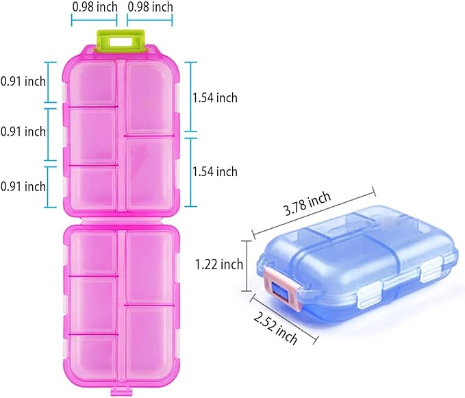 Small Travel Pill Box Organizer, 10 Compartment Pill Case Planner, Portable Folding Daily Medcine Container Capsule Dispenser for Storage Medication, Meds, Vitamin, Fish Oil, Supplement, Blue