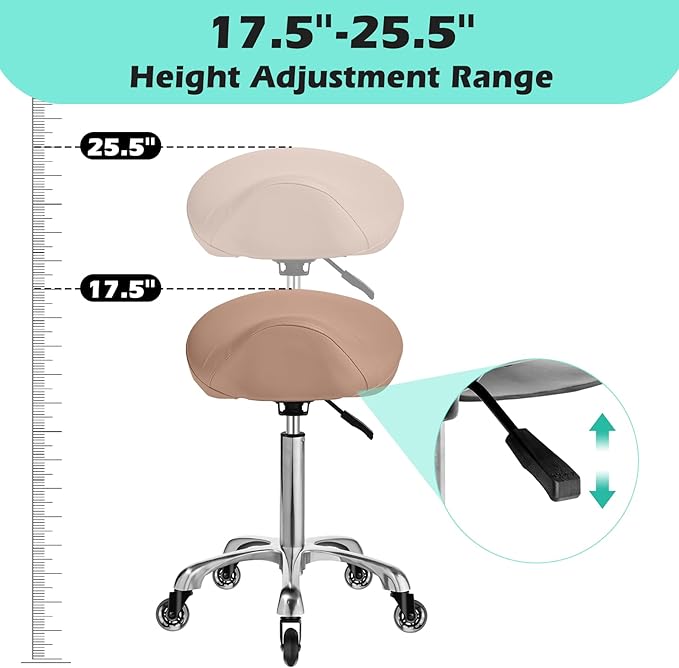 Saddle Stool with wheels Ergonomic - Heavy Duty 400lbs, Upgraded Thick Saddle Cushion, Healthy Posture Correction, Swivel Adjustable Rolling Saddle Stool, Saddle Chair for Salon Massage Home (Brown)