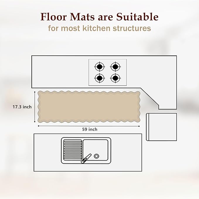 Scalloped Black Kitchen Mats for Floor Cushioned Anti Fatigue Kitchen Mats Rugs Waterproof Non Slip Farmhouse Boho Floral Comfort Foam Standing Mat for Sink Laundry, 17.3x59