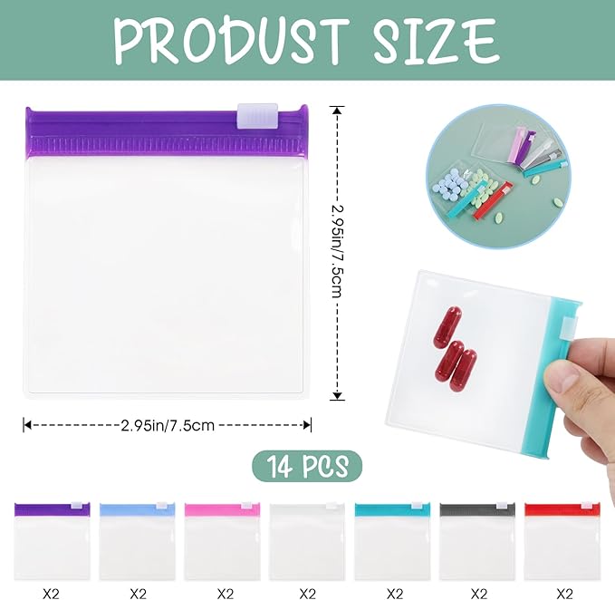 Reusable Zippered Pill Pouch with Slide Lock - 14 Piece Set in 7 Colors - Travel Pill Case for Medicine, Qtips & Small Items - Compact Pill Bags for Trave