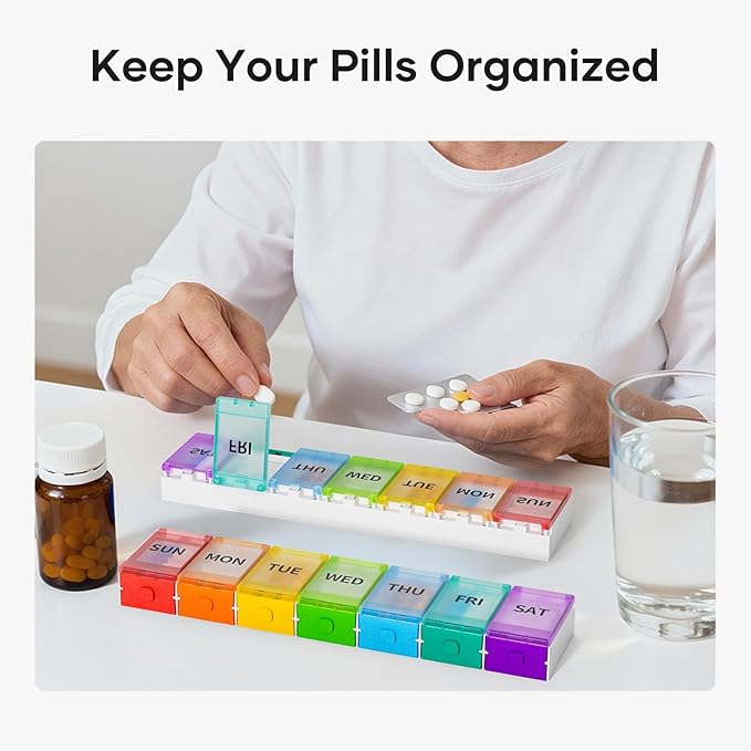 Weekly Pill Organizer, 7 Day Pill Box Case BPA-Free, Medicine Pill Organizer with Innovative Push Button Design, Large Pill Container for Vitamins, Cod Liver Oil, Supplements and Medication