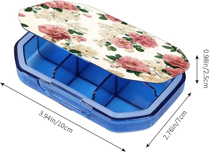 This Portable Vintage Rose Floral Pattern 6-Compartment Pillbox Can Be Placed in A Pocket Or Wallet to Store Vitamins, Medicines Fish Oil Health Supplements Other Medications.