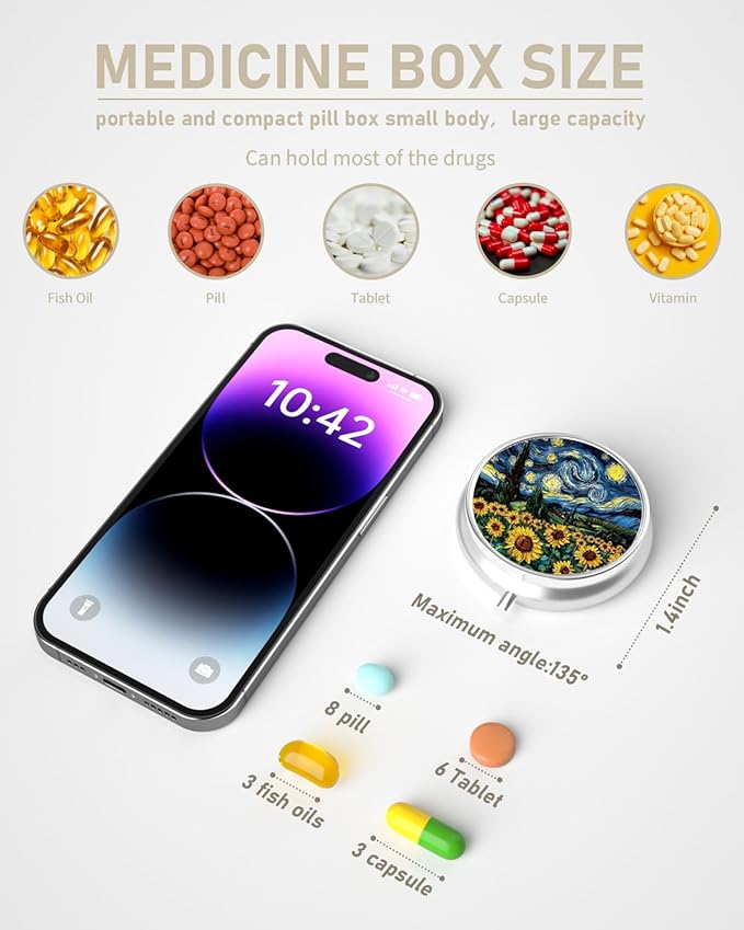 Pill Box, 3 Compartment Portable Travel Medicine Box with Mirror, Compact and Cute, Fits in Purse and Pocket, Medicine and Vitamin Organizer (Sunflower)