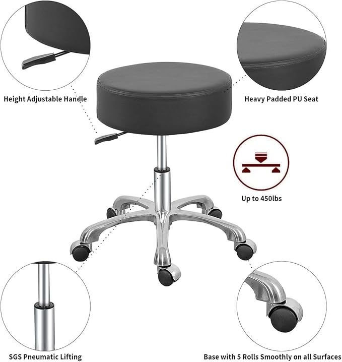 Comfy Memory Foam Heavy Duty Rolling Stool,Adjustable Chair with Wheels for Doctor,Shop,Nail Tech,Potters,Medical,Massage,Artist,Tattoo,Studio,Office,Pedicure(Black)