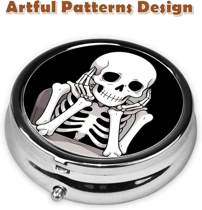 Metal Pill Organizer - 3-Compartment Mini Round Pill Case for Pocket & Purse, Portable Vitamin Holder, Easy-Open Design for Travel - Boring Skeleton