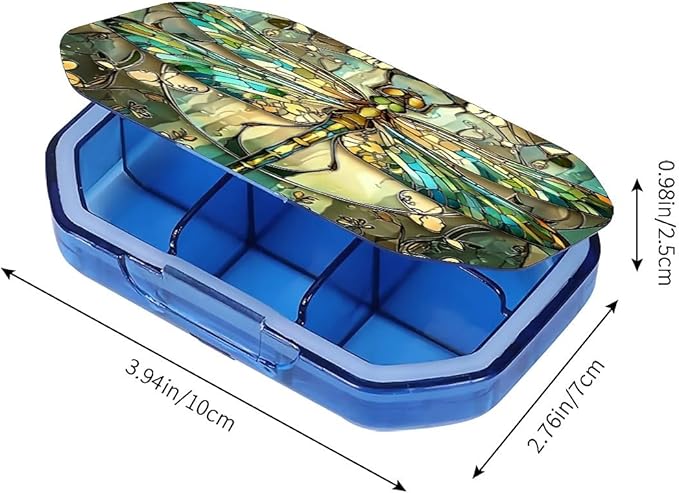 This Portable Vintage Stained Glass Dragonfly Pattern 6-Compartment Pillbox Can Be Placed in A Pocket Or Wallet to Store Vitamins, Medicines Fish Oil Health Supplements Other Medications.