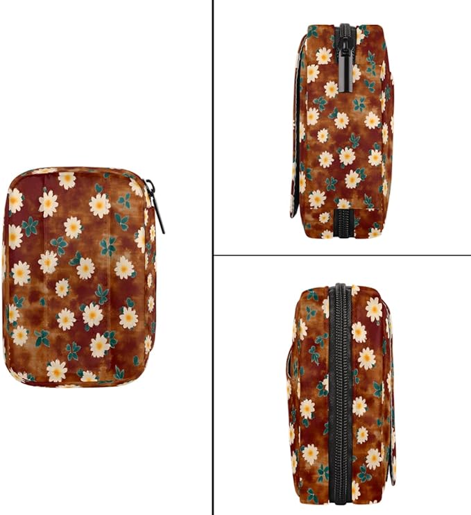 Floral Retro Brown Pill Case Everyday Travel, 7 Day Weekly Medicine Pill Box Compact Portable Pills Bottle Organizer with Zipper for Daily Vitamin Medicine Holder Bottle Organizers Bag