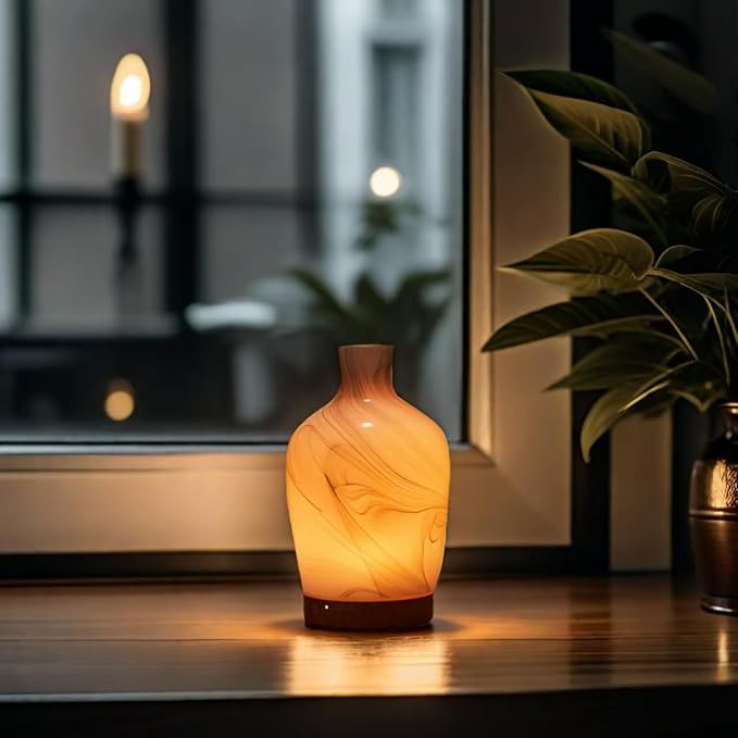 Classical Vase Art Glass Aromatherapy Diffuser 160ml ultrasonic Cool Mist Scent Aroma Essential Oil Diffu er Humidifier with Intermittent Mist & LED 7 Colorful Changing Night Light for Bedroom