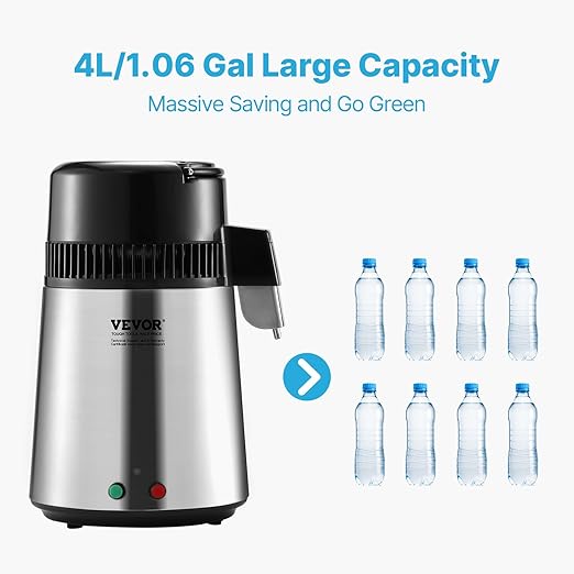 VEVOR Water Distiller, 4L/1.1 Gallon Pure Water Purifier Filter for Home Countertop, 750W Distilled Water Maker, Stainless Steel Interior Distiller Water Making Machine to Make Clean Water, Silver