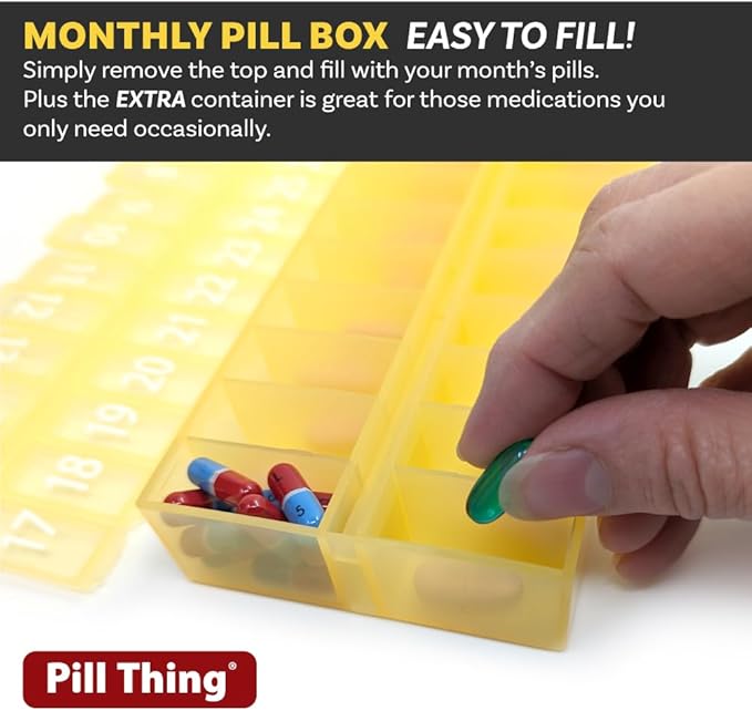 AM PM 31 Day Once-a Day Monthly Pill Planner Organizers - Large Compartment Pill Boxes Store Medications for Entire Month Plus Compartment for Extra Pills (AM/PM Yellow & Blue) BPA Free