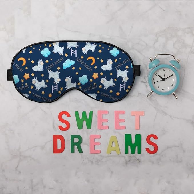 Cute Sheep Sleep Eye Mask Good Night Moon Clouds Stars Silk Eye Mask Sleeping Soft Eye Shade Cover for Men Women Boy Girl Airplane Travel with Elastic Strap