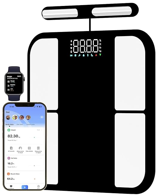 Scale for Body Weight - 8 Electrodes High Precision Digital Scale for BMI - 56 Body Composition Metrics - Bluetooth Bathroom Scale with LED for Home/Fitness