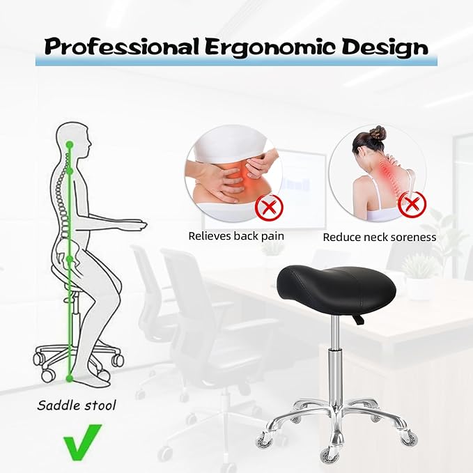 Saddle Stool with Wheels, Rolling Ergonomic Stool with Thick Saddle Seat, Adjustable Chair for Medical Dental Massage Clinic Salon (Black, Without Backrest)