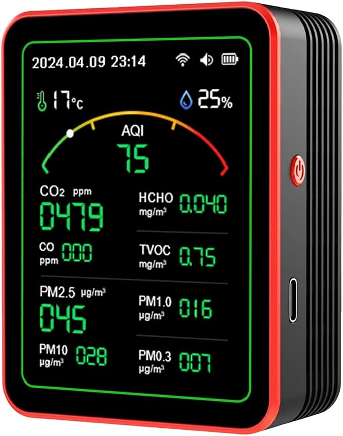 Tuya WiFi 15 in 1 Indoor Air Quality Monitor TFT Display Portable AQI PM0.3 PM1.0 PM2.5 PM10 Tester Temperature Humidity Meter(Black)