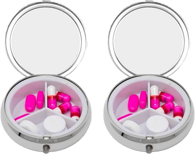 Set of 2 Circular Triple-Compartment Pocket Purse Pill Box & Organizer with Insert (Rose Gemstones)