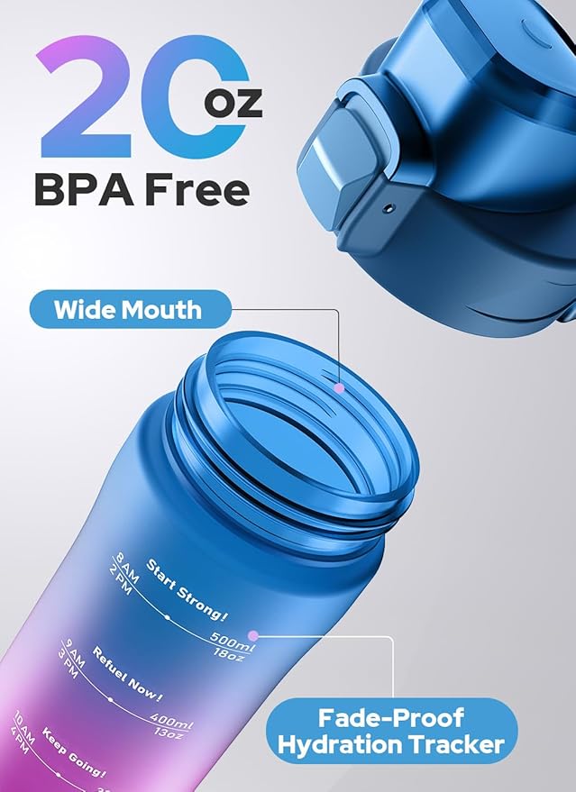 Opard 20oz Plastic Water Bottle Dishwasher Safe, Leakproof Flip-Top Lid, BPA Free Tritan, Wide Mouth Reusable Kids Water Bottle for School Hiking Commuting Outdoor Travel and Gym