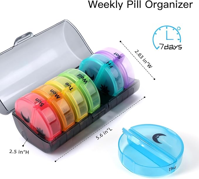 Weekly Pill Organizer 2 Times a Day, Travel Pill Box 7 Day, AM PM Twice a Day Pill Case, Portable Daily Vitamin Organizers for Medication, Vitamins, Fish Oil, Supplements (Multi-Color)