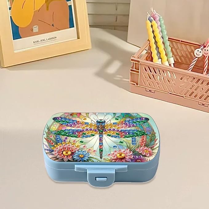C'eitura DIY Flower Dragonfly Diamond Art Painting Blue Pill Organizer with 6 Lid Detachable Compartments, Fun DIY Craft Project for Adults, Elegant Pill Case for Purse & Travel