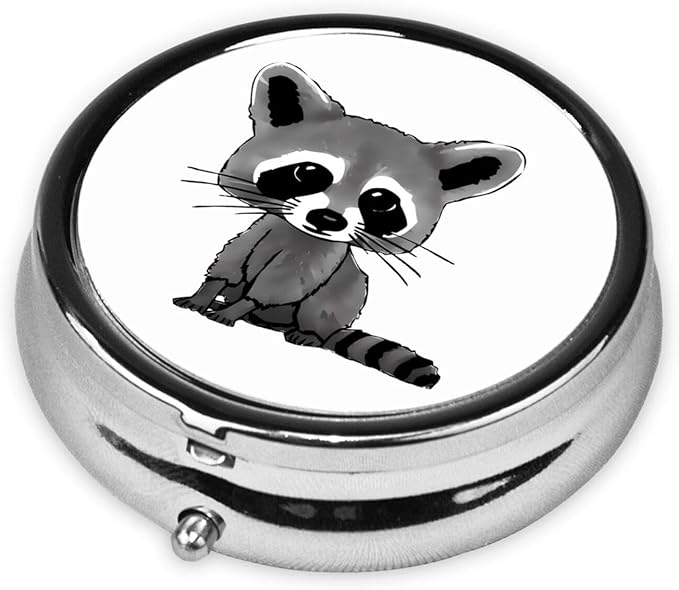 Cartoon Cute Raccoon Printed Round Travel Pill Box Cute Small Metal Pocket Pill Case for Men & Women 3 Compartment Portable Pill Organizer for Purse or Pocket