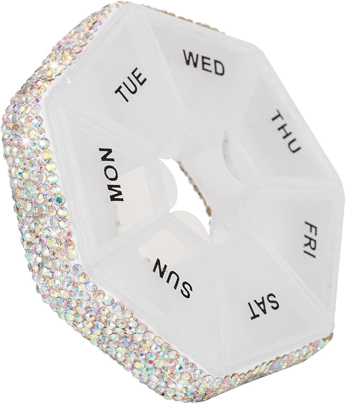 Round Pill Organizer Small Weekly Pill Case for Purse Bling Cute Medicine Pill Box Compact Vitamin Container 7 Day Daily Pill Holder Planner(Ab)