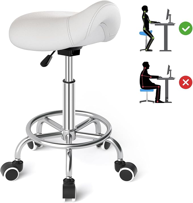 YEEZEE Saddle Stool Ergonomic- Comfortable Rolling Saddle Stool with Wide Thick Saddle Seat Padding, Swivel Adjustable Saddle Chair with Wheels and Ring Pedal for Medical Massage Salon (Classic White)
