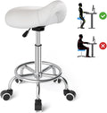 YEEZEE Saddle Stool Ergonomic- Comfortable Rolling Saddle Stool with Wide Thick Saddle Seat Padding, Swivel Adjustable Saddle Chair with Wheels and Ring Pedal for Medical Massage Salon (Classic White)
