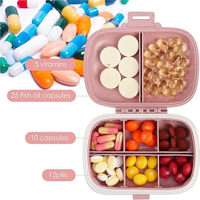 Daily Pill Organizer 1 Travel Portable Pill Case 8 Compartments Pill Box with Seal Ring Moisture Proof Small Medicine Vitamin Holder Container for Pocket Purse Waterproof Pill Supplement Case (Pink)