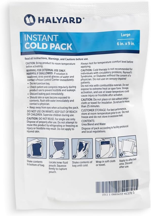 HALYARD Instant Cold Pack Disposable Cold Compress Ice Packs for Swelling Injuries Toothaches Sprains Strains 6 x 9 Inches, 24 Packs Per Case - 51779