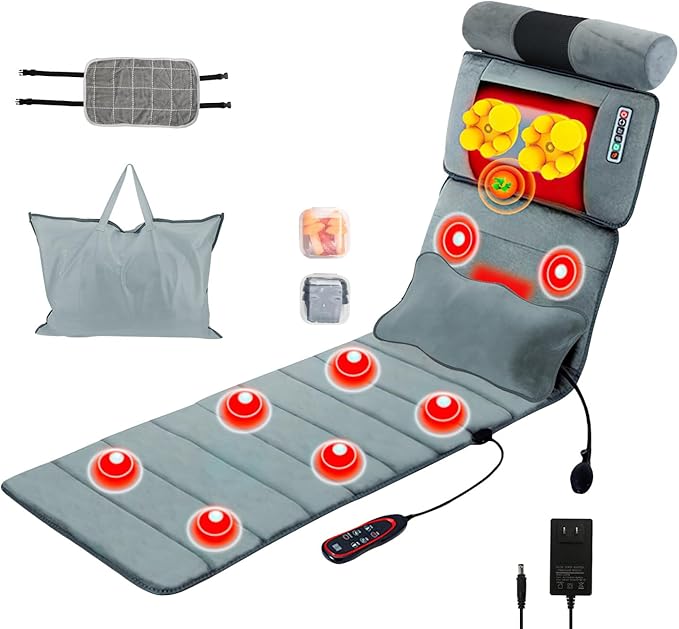 Heated Full Body Massage Mat – 10 Motors Vibration Massage Pad for Bed, with Inflatable Neck Pillow & Lumbar Support, 3 Timer Settings, Electric Shiatsu Back Massager for Home Use