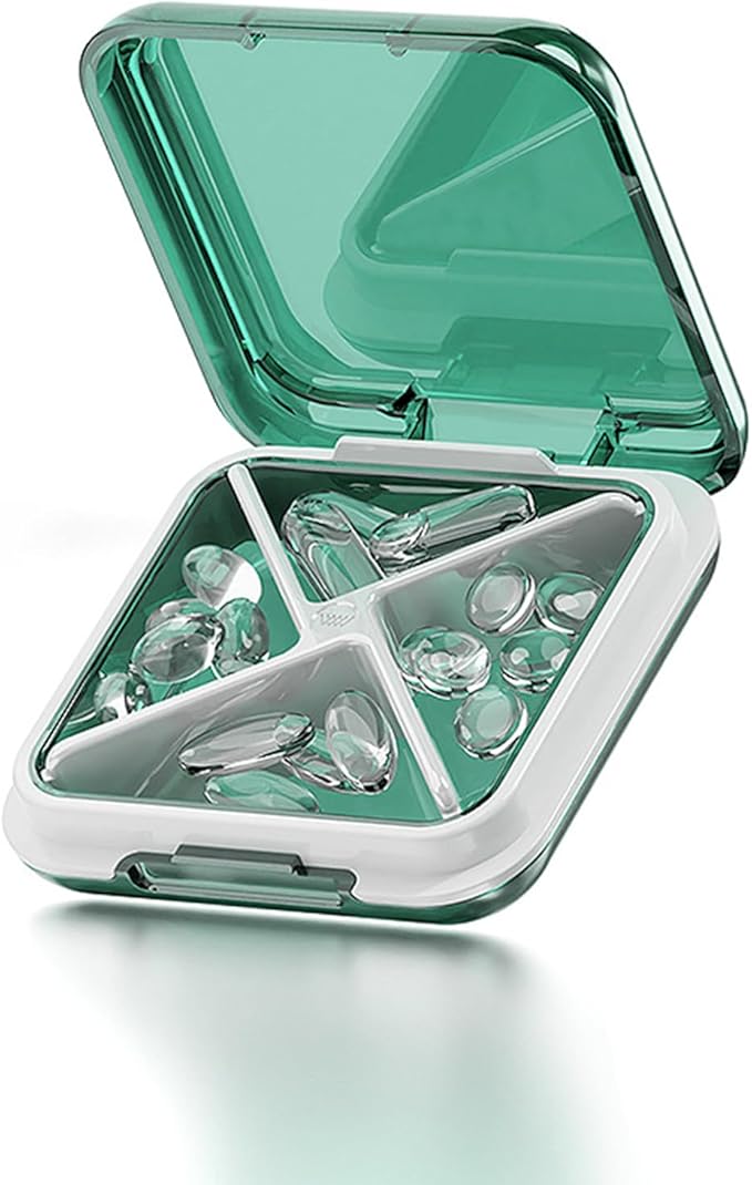 Small Pill Box Waterproof Travel Pill Case Portable Daily Pill Container Pill Holder for Purse 4 Compartments Pocket Compact Medicine Organizer for Fish Oils,Supplements,Medication (Green)