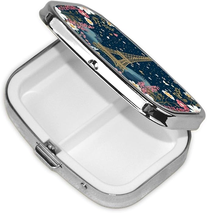 Paris Tower Flower Pill Box with Mirror 2 Compartment Metal Square Small Pill Case for Purse Pocket Portable Pill Container Holder Travel Medicine Organizer for Vitamin Fish Oil Supplement