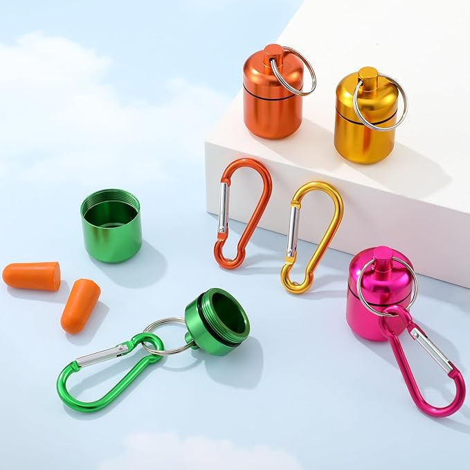 Hicarer 4 Pack Ear Plug Carrying Case, Waterproof Metal Ear Plug Holder with Keychain, Portable Small Pill Case Container for Earplugs, Jewelry, Pill Organizer for Travel or Sports(Bright Colors)