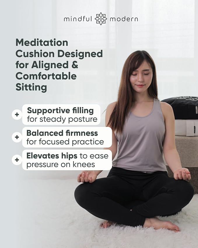 Mindful & Modern Large Meditation Cushion for Zafu Yoga - Meditation Pillow for Sitting on the Floor - Buckwheat Hull Filled Yoga Cushion with Removable, Washable 100% Cotton Cover and Carry Handle