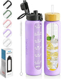 Nefeeko 32 oz Glass Water Bottles with Straw, Motivational Glass Water Bottle with Time Marker, 1 Liter BPA FREE Leakproof Reusable Glass Water Bottle with Silicone Sleeve, Bamboo Lid, Spout Lid