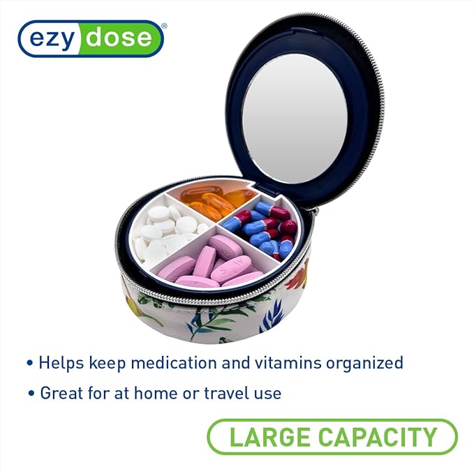 EZY DOSE Travel Pill Organizer with Built-in Mirror, Features Zippered Leaf Case, Compact and Portable Medication Case for Daily Vitamins, Pills, and Medicine, Ideal for Travel and On-The-Go Use