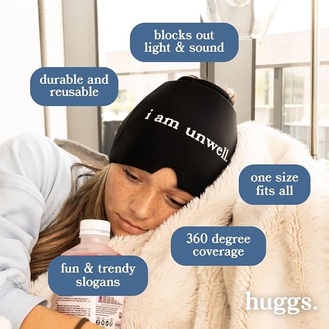 Huggs Migraine Relief Cap - Down Bad - Cooling Gel Head Wrap, Cold Compress Cap for Headache, Stress, & Tension