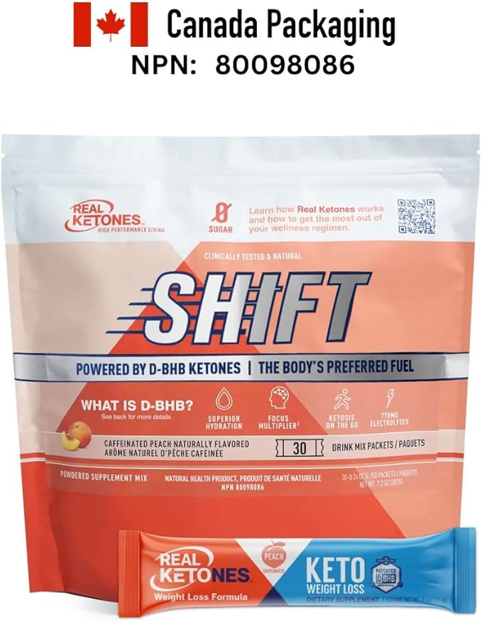 Real Ketones BHB Exogenous Ketones Drink Mix Packets Keto Electrolytes Powder Packets No Sugar with 4 Main Fasting Electrolytes Plus Hydrating Patented Keto BHB - 30 Count Peach Caffeine (Pack of 3)