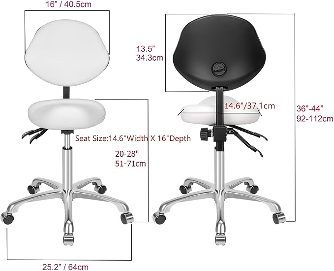 Kaleurrier Ergonomic Rolling Swivel Saddle Stool with Wheels - Hydraulic Lifting Height Adjustable Saddle Chair for Clinic Hair Salon Lab Kitchen Office Drafting Chairs (White, with Back)