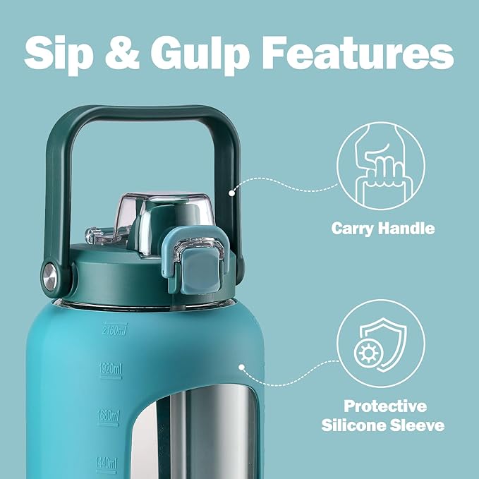 72oz Glass Water Bottle with 2-IN-1 Straw &Chug Lid, Large Motivational Glass Bottle with Capacity Marker and Silicone Sleeve, 2.1Liter Gallon Water Jug for Home, Sports, Gym, BPA Free-Green