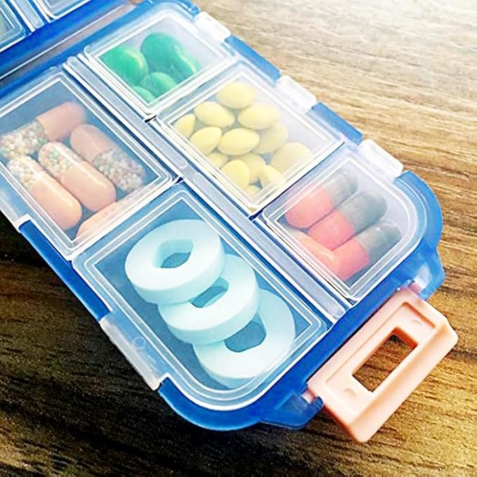 Small Travel Pill Box Organizer, 10 Compartment Pill Case Planner, Portable Folding Daily Medcine Container Capsule Dispenser for Storage Medication, Meds, Vitamin, Fish Oil, Supplement, Blue
