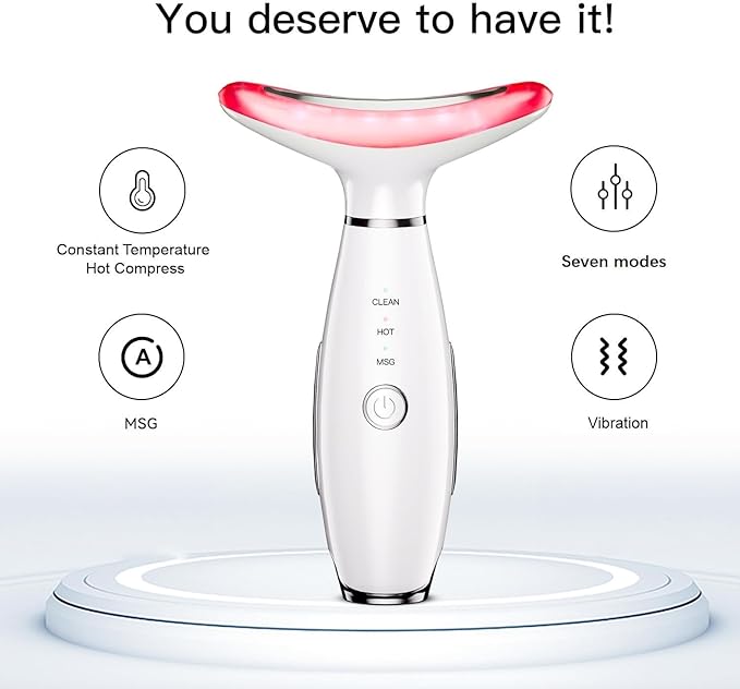Face Massager -7 Color Red-Light-Therapy for Face and Neck for Wrinkles, Double Chin, Vibrating Facial Massager with Thermals (White)