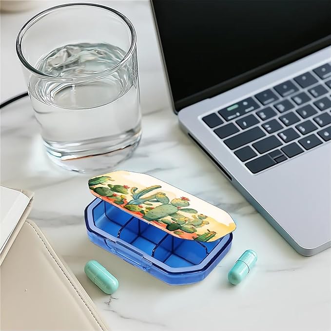 This Portable Cacti in The Desert Pattern 6 Compartment Pill Box Can Be Placed in A Pocket Or Wallet to Store Vitamins, Medicines Health Supplements Other Medications.