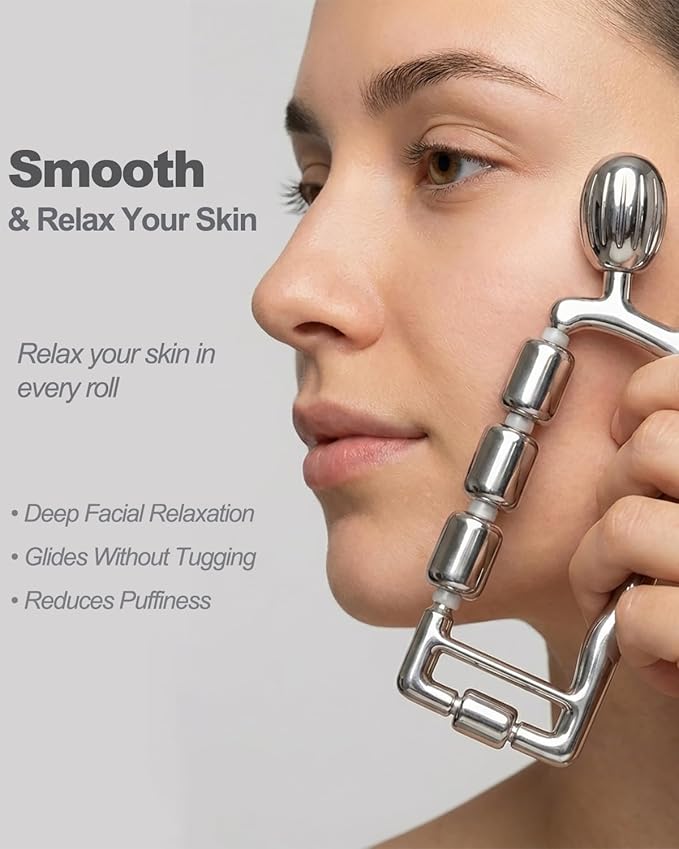 Yeamon 3-in-1 Face Roller for Skin Care, Facial Massager with Cooling Metal, Under Eye Roller for Puffiness, Jawline & Cheek Massage Tool, Gua Sha Set for Women