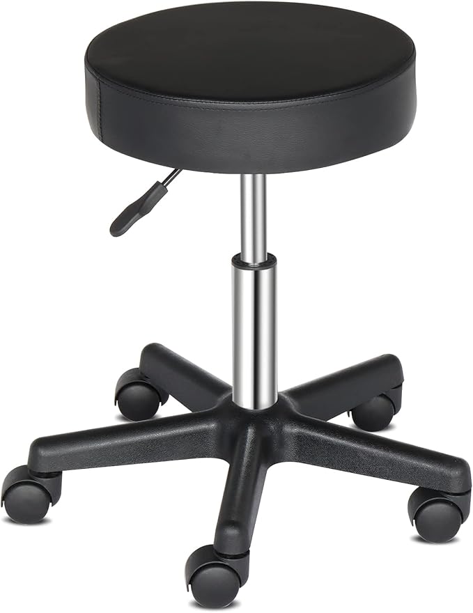 Modern Rolling Round Stool Chair,PU Leather Swivel Adjustable Rolling Stools,Ergonomic Swivel Salon Spa Barstools,Office Drafting Chairs,with Wheels,for Home, Kitchen, Medical, Lab (Black)