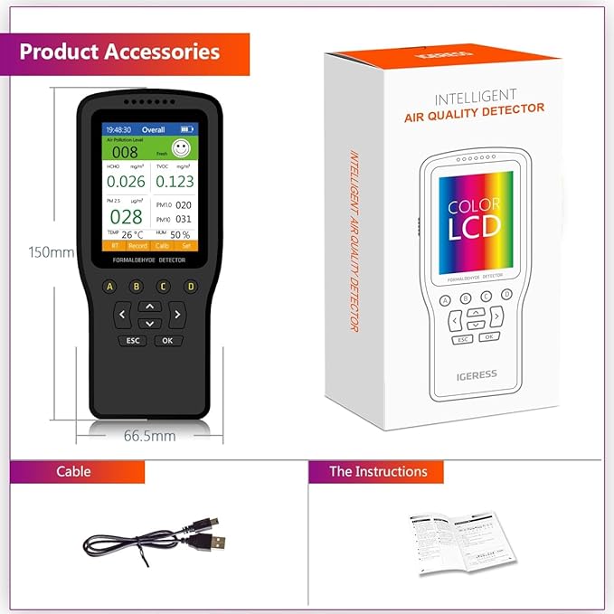 Air Quality Monitor Indoor, 8 in 1 Formaldehyde Detector, voc Meter, Detect Indoor HCHO,TVOC,AQI,PM2.5,PM10,PM1.0,Temperature and Humidity Tester. Colorful LCD Screen & USB Charging