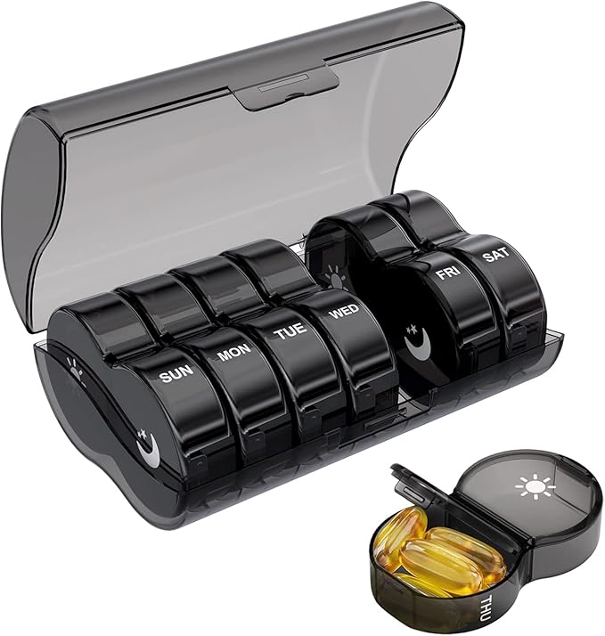 Daily Pill Organizer for Women and Men with 7 Compartments, Large Capacity, Water Resistant, Leakproof, Durable, Easy to Carry (Black)